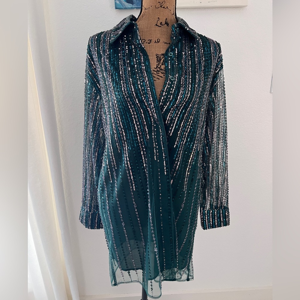 Anthropologie Green and Silver Sequin Dress
